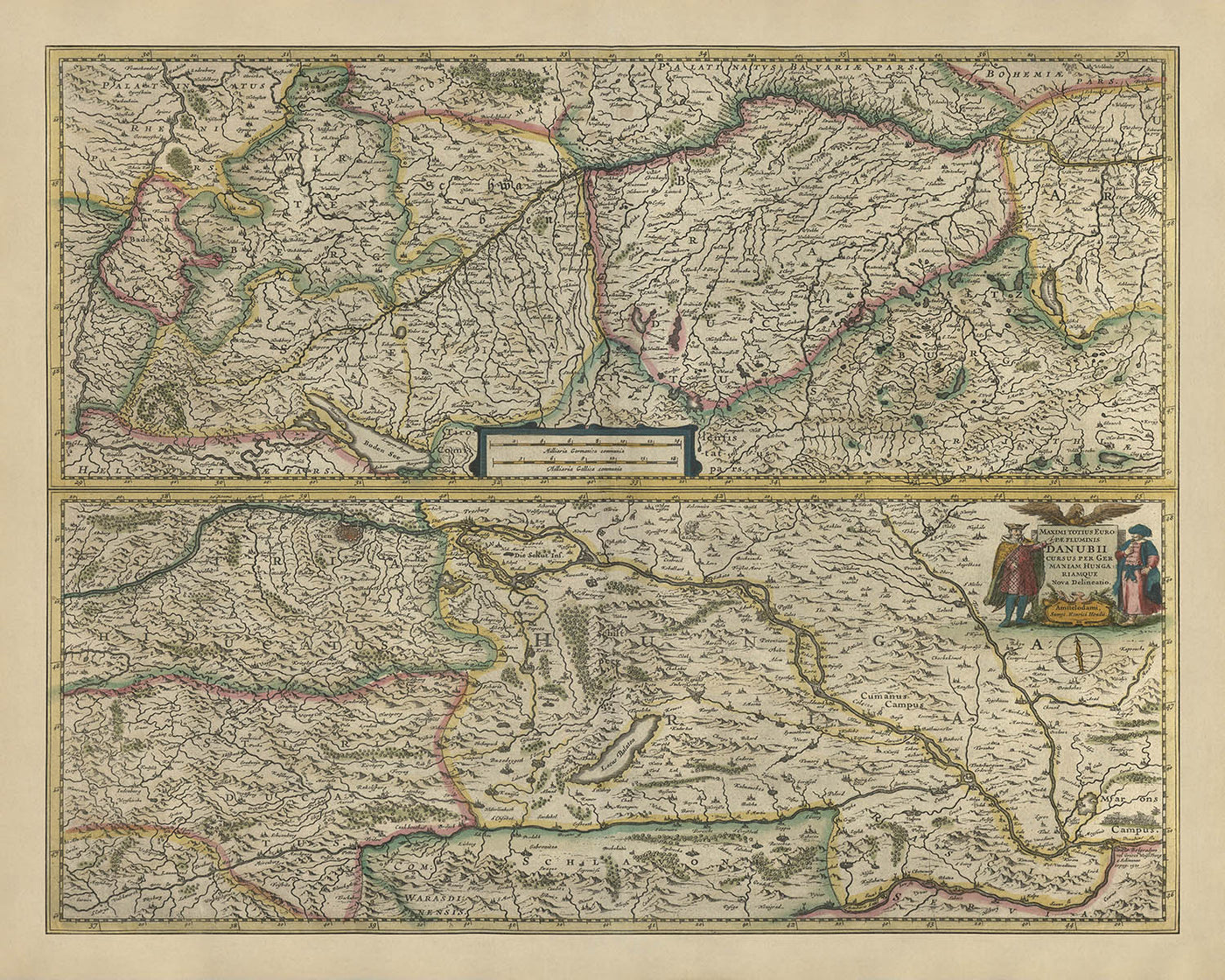 Ancienne carte de l'Europe centrale et orientale par Mercator et Hondius, 1633 : Danube, Vienne, Alpes, Forêt-Noire, Carpates