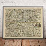 Old Map of the Danube River in Europe by Mercator and Hondius, 1633: Vienna, Budapest, Belgrade, Alps, Hungary