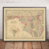 Ancienne carte du Delaware, du Maryland et de Washington DC par JH Colton, 1859 : Wilmington, Baltimore, Annapolis, Douvres