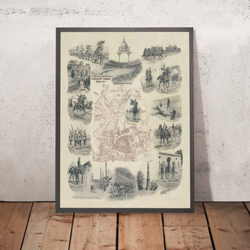 Old Pictorial Map of Delhi Durbar by Wymer, 1911: Coronation Pavilion, Park, Kingsway, Regiments, Elephants