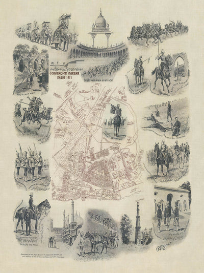 Ancienne carte picturale de Delhi par Wymer, 1911 : pavillon du couronnement, Kingsway, parc du couronnement, régiments, procession des éléphants