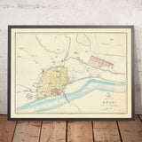 Mappa antica di Delhi di Weller, 1860: Jama Musjid, Il Palazzo, Ponte delle Barche, Cantoni, Fiume Jumna 