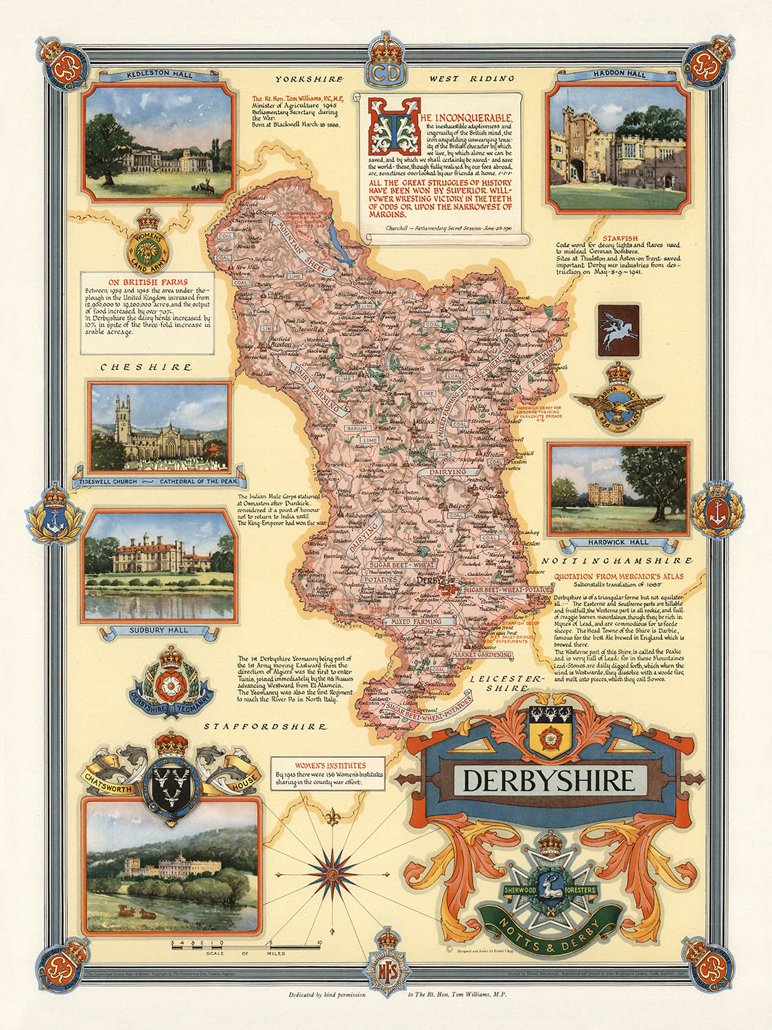 Mapa ilustrado antiguo de Derbyshire realizado por Clegg en 1946: Derby, Chatsworth, Kedleston, Hardwick y Haddon