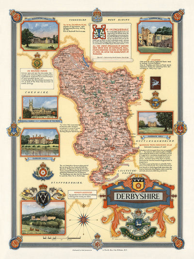 Ancienne carte illustrée du Derbyshire par Clegg, 1946 : Derby, Chatsworth, Kedleston, Hardwick, Haddon