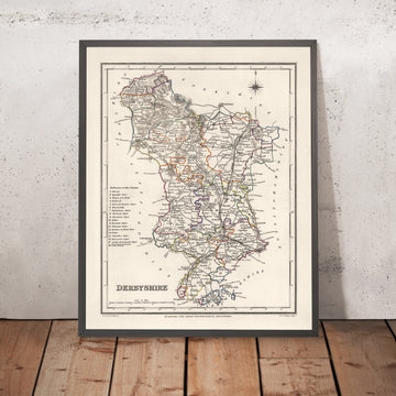 Ancienne carte du Derbyshire par Samuel Lewis, 1844 : Buxton, Ashbourne, Matlock, Bakewell, Chatsworth House