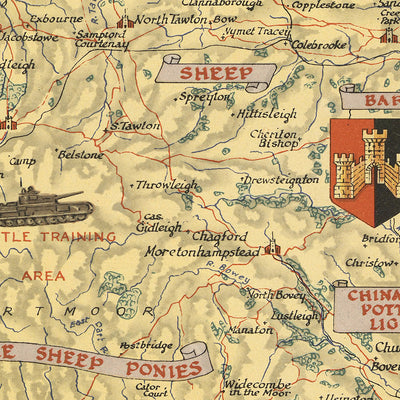 Old Pictorial Map of Devon by Clegg, 1947: Plymouth, Exeter, Dartmoor, WWII Sites, Exeter Cathedral