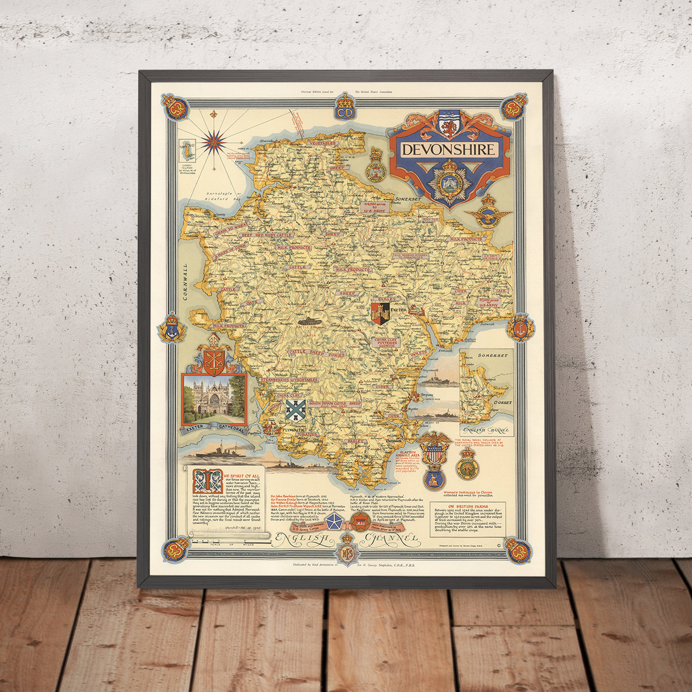 Mapa pictórico antiguo de Devon realizado por Clegg en 1947: Plymouth, Exeter, Dartmoor, lugares de la Segunda Guerra Mundial y la catedral de Exeter