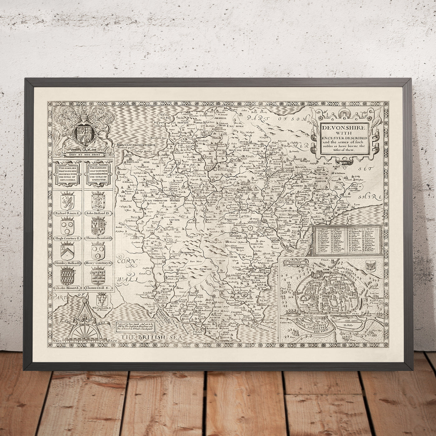 Viejo mapa de Devon, 1611 de John Speed ​​- Plymouth, Exeter, Torquay, Paignton, Exmouth, Barnstaple