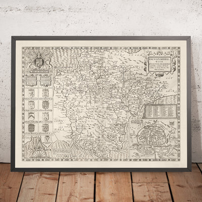 Viejo mapa de Devon, 1611 de John Speed ​​- Plymouth, Exeter, Torquay, Paignton, Exmouth, Barnstaple