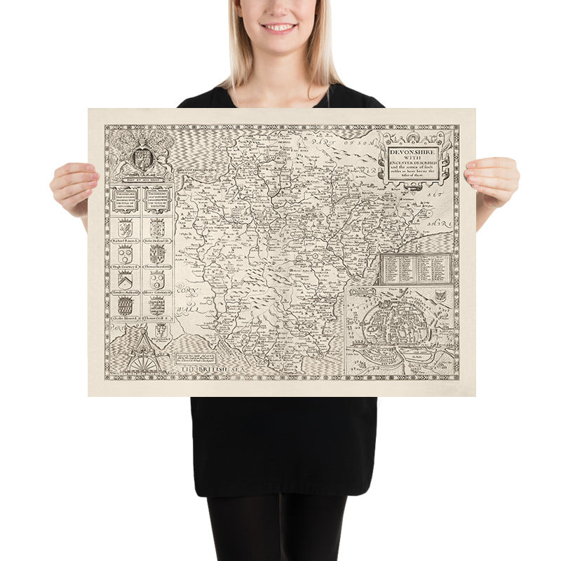 Viejo mapa de Devon, 1611 de John Speed ​​- Plymouth, Exeter, Torquay, Paignton, Exmouth, Barnstaple