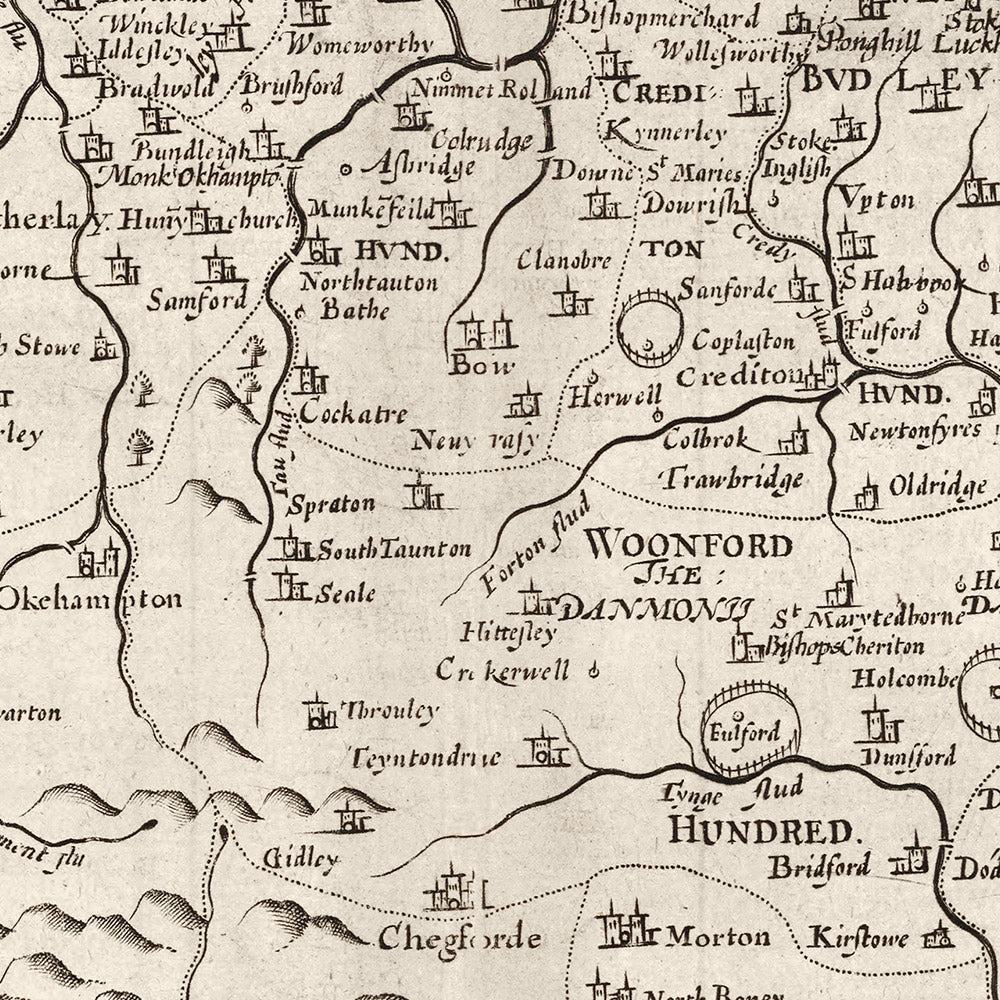 Viejo mapa de Devon, 1611 de John Speed ​​- Plymouth, Exeter, Torquay, Paignton, Exmouth, Barnstaple