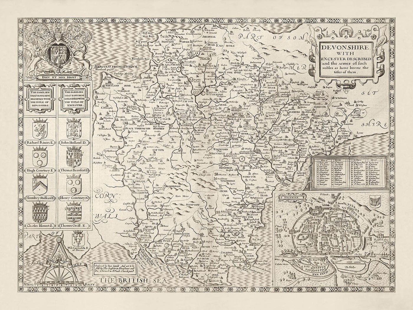 Viejo mapa de Devon, 1611 de John Speed ​​- Plymouth, Exeter, Torquay, Paignton, Exmouth, Barnstaple