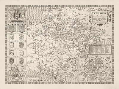Viejo mapa de Devon, 1611 de John Speed ​​- Plymouth, Exeter, Torquay, Paignton, Exmouth, Barnstaple