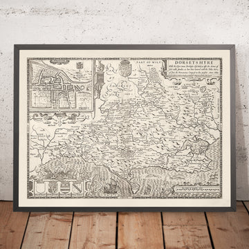 Mapa antiguo de Dorset en 1611 por John Speed ​​- Poole, Weymouth, Dorchester, Bridport, Lyme Regis