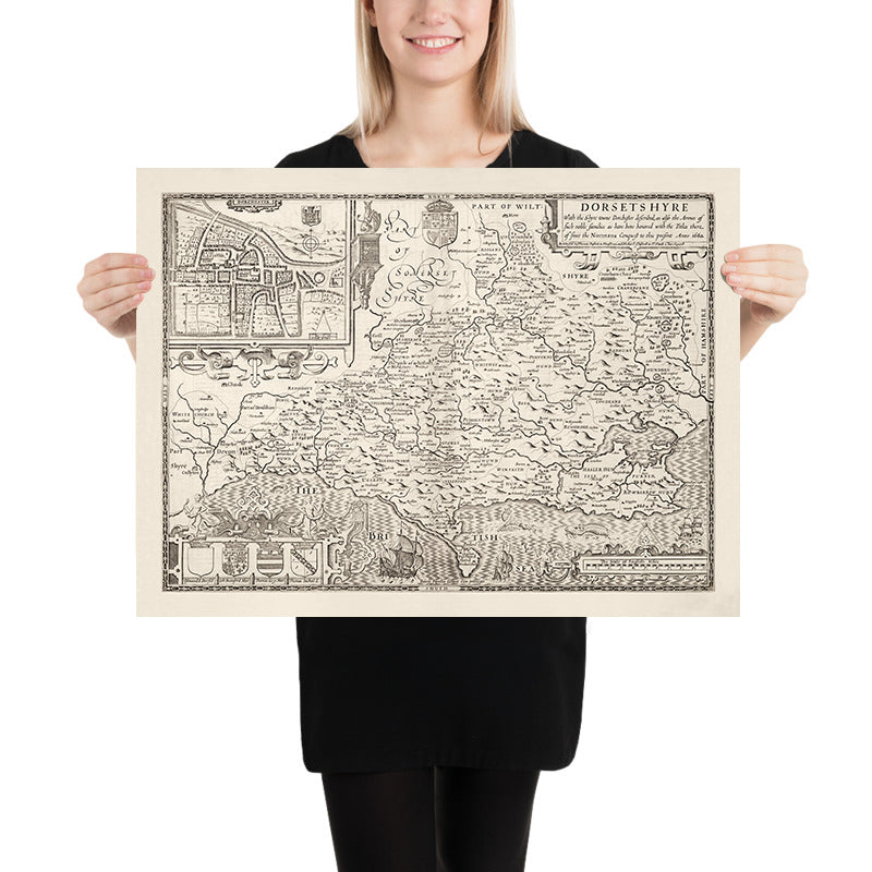 Mapa antiguo de Dorset en 1611 por John Speed ​​- Poole, Weymouth, Dorchester, Bridport, Lyme Regis