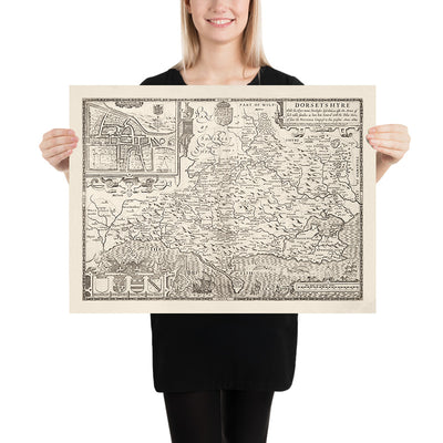 Mapa antiguo de Dorset en 1611 por John Speed ​​- Poole, Weymouth, Dorchester, Bridport, Lyme Regis