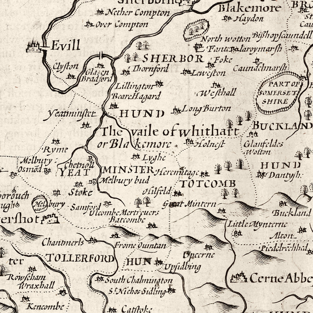 Mapa antiguo de Dorset en 1611 por John Speed ​​- Poole, Weymouth, Dorchester, Bridport, Lyme Regis