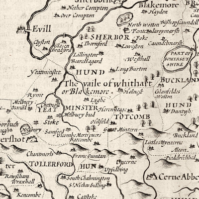 Mapa antiguo de Dorset en 1611 por John Speed ​​- Poole, Weymouth, Dorchester, Bridport, Lyme Regis