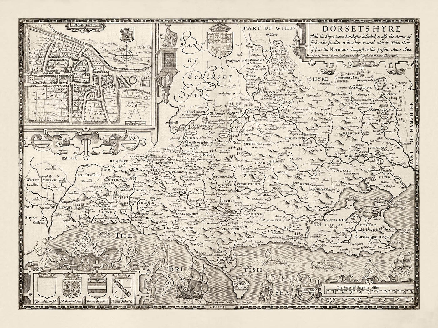 Mapa antiguo de Dorset en 1611 por John Speed ​​- Poole, Weymouth, Dorchester, Bridport, Lyme Regis