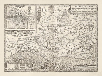 Mapa antiguo de Dorset en 1611 por John Speed ​​- Poole, Weymouth, Dorchester, Bridport, Lyme Regis