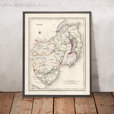 Ancienne carte du comté de Down par Samuel Lewis, 1844 : Belfast, Bangor, Newtownards, Holywood et Strangford