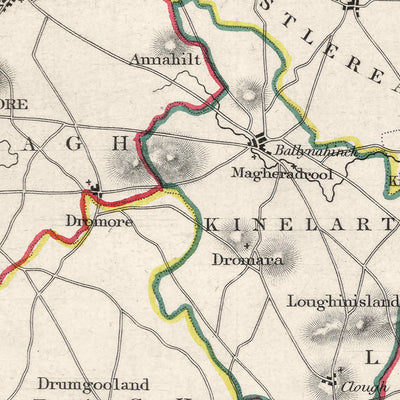 Ancienne carte du comté de Down par Samuel Lewis, 1844 : Belfast, Bangor, Newtownards, Holywood et Strangford