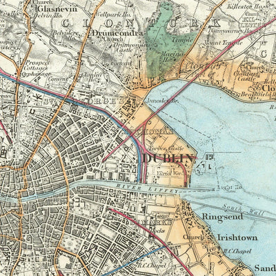 Mapa antiguo de Dublín, 1868: Phoenix Park, Drumcondra, castillos, ríos, Meath