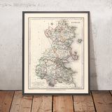 Antica mappa della contea di Dublino di Samuel Lewis, 1844: Balbriggan, Swords, Malahide, Skerries, Liffey 