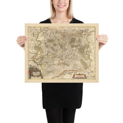 Mapa antiguo del Ducado de Lorena, Francia por Visscher, 1690: Nancy, Metz, Saarbrücken, Kaiserslauten, Parque de los Vosgos del Norte