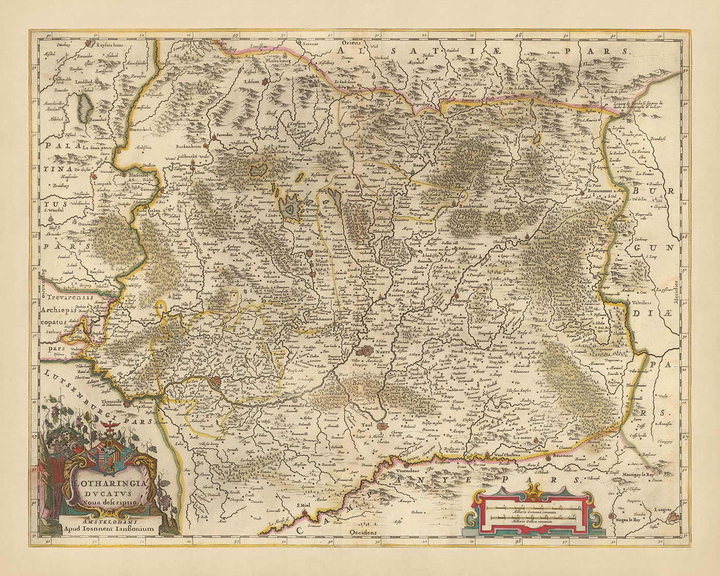 Mapa antiguo del Ducado de Lorena, Francia por Visscher, 1690: Nancy, Metz, Saarbrücken, Kaiserslauten, Parque de los Vosgos del Norte