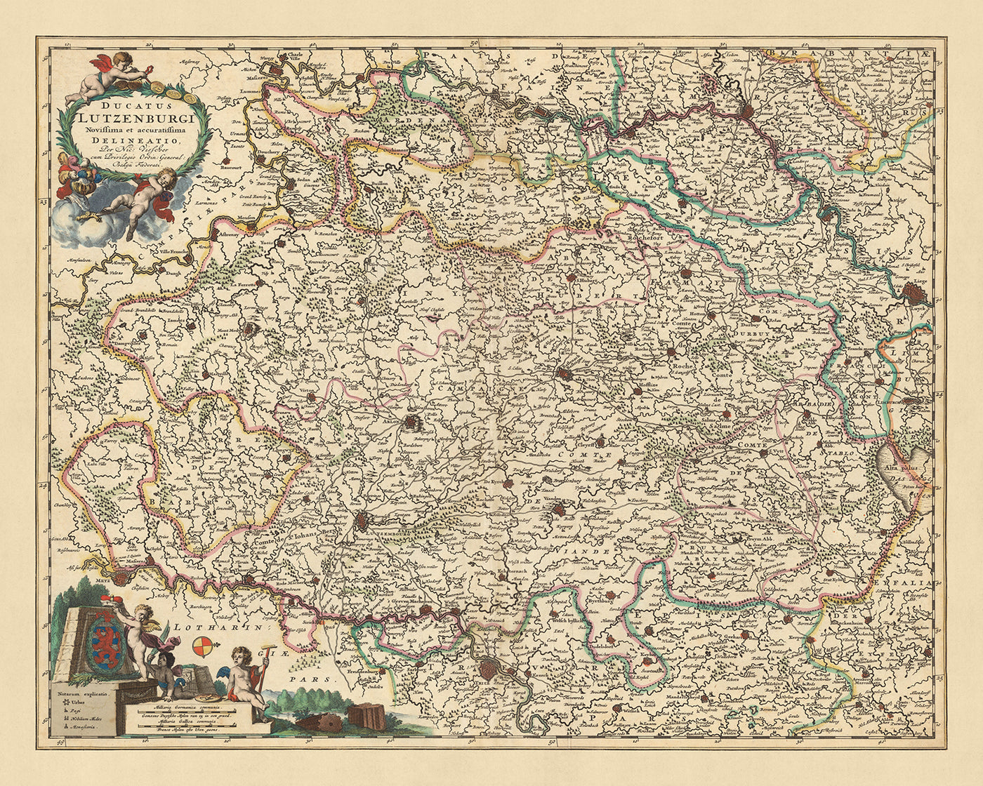 Mapa antiguo del Ducado de Luxemburgo por Visscher, 1690: Lieja, Namur, Metz, Trier, Parque Regional de las Ardenas