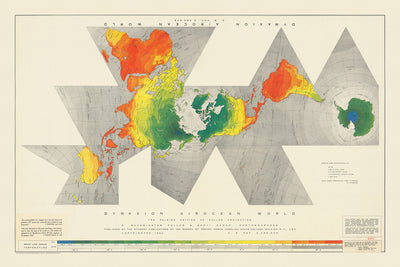 Alte Weltkarte von Dymaxion Airocean von Fuller, 1954: Ikosaeder-Projektion, Eine Insel Erde, Eingeschrieben