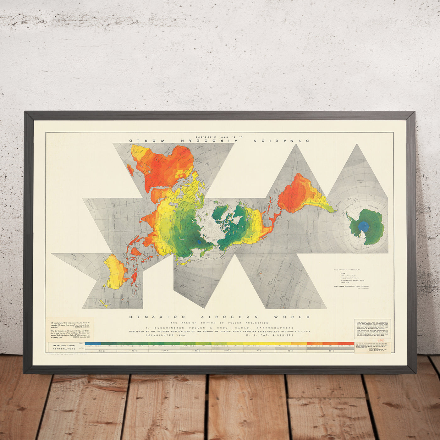 Alte Weltkarte von Dymaxion Airocean von Fuller, 1954: Ikosaeder-Projektion, Eine Insel Erde, Eingeschrieben