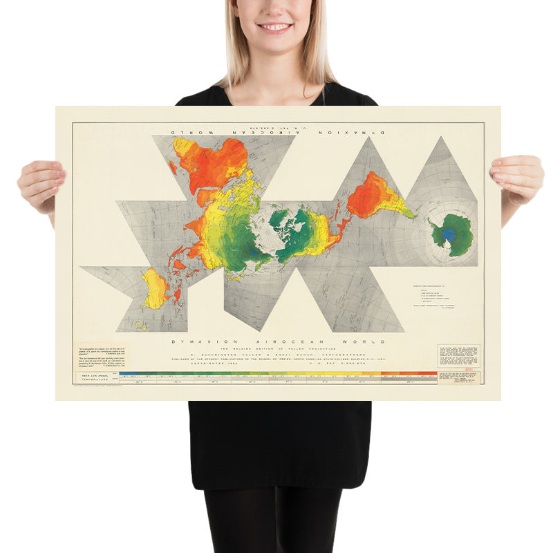 Mapa del Viejo Mundo de Dymaxion Airocean de Fuller, 1954: Proyección de icosaedro, Tierra de una isla, inscripciones