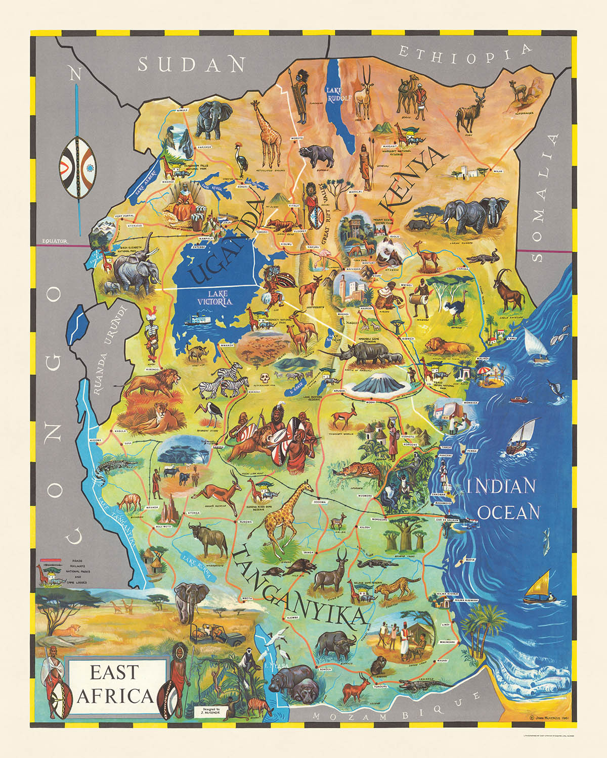 Ancienne carte picturale de l'Afrique de l'Est par McKenzie, 1961 : Nairobi, Serengeti, Tsavo, Kilimandjaro, Victoria