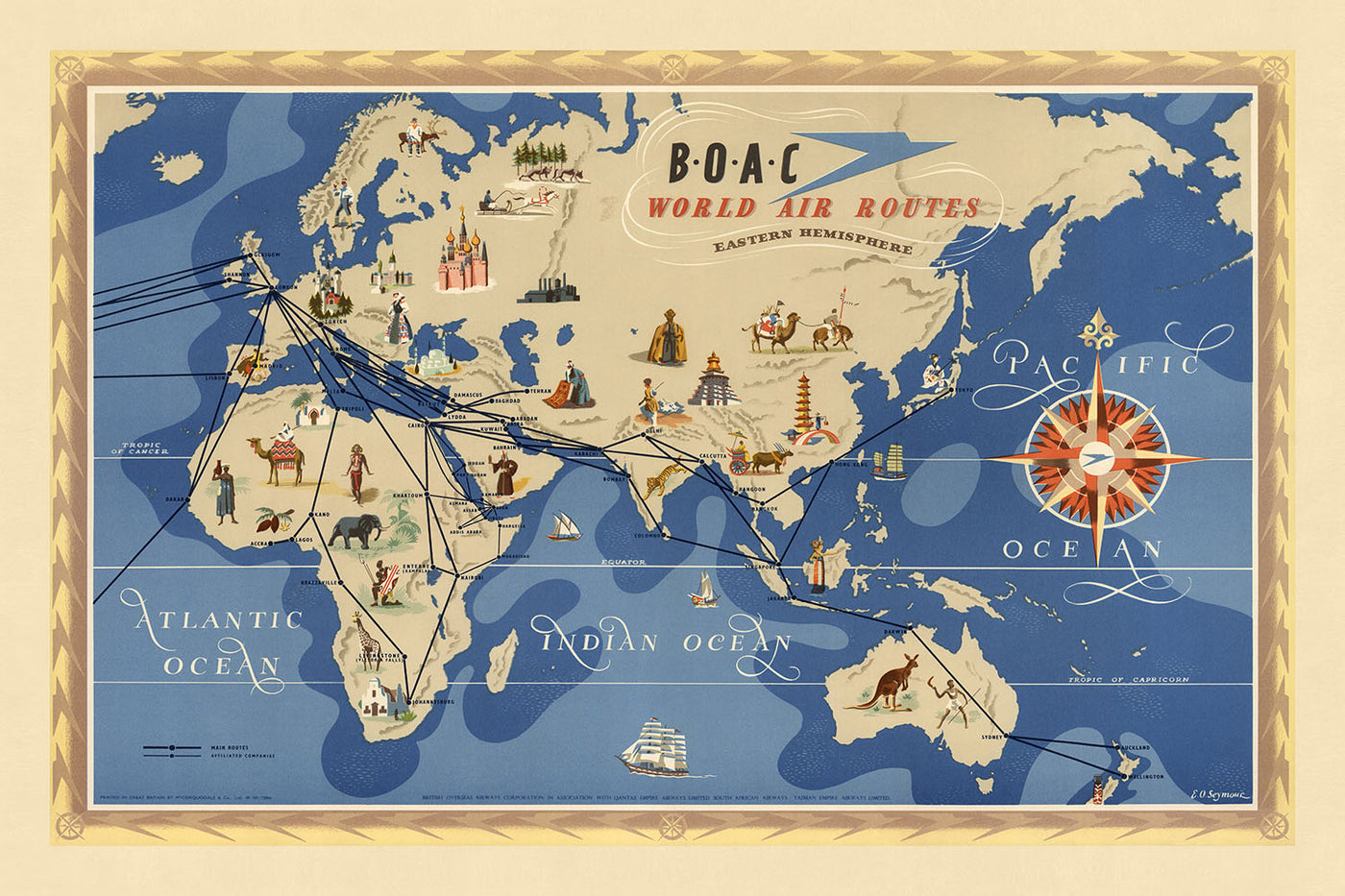 Alte Weltkarte der Flugrouten der östlichen Hemisphäre von BOAC, 1949: Bildliche Illustrationen, thematischer Stil, Darstellung der Luftfahrt der Mitte des 20. Jahrhunderts