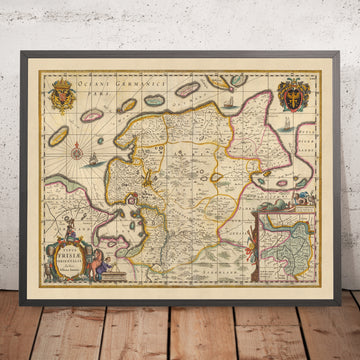 Vecchia mappa della Frisia orientale di Visscher, 1690: Wilhelmshaven, Emden, Aurich, Leer, Riserva Naturale di Leyhörn 