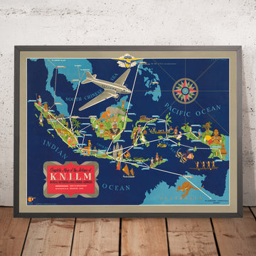 Antigua mapa de las rutas aéreas de las Indias Orientales Neerlandesas por Wijga, 1935: Art Deco, rutas aéreas, ilustraciones culturales 