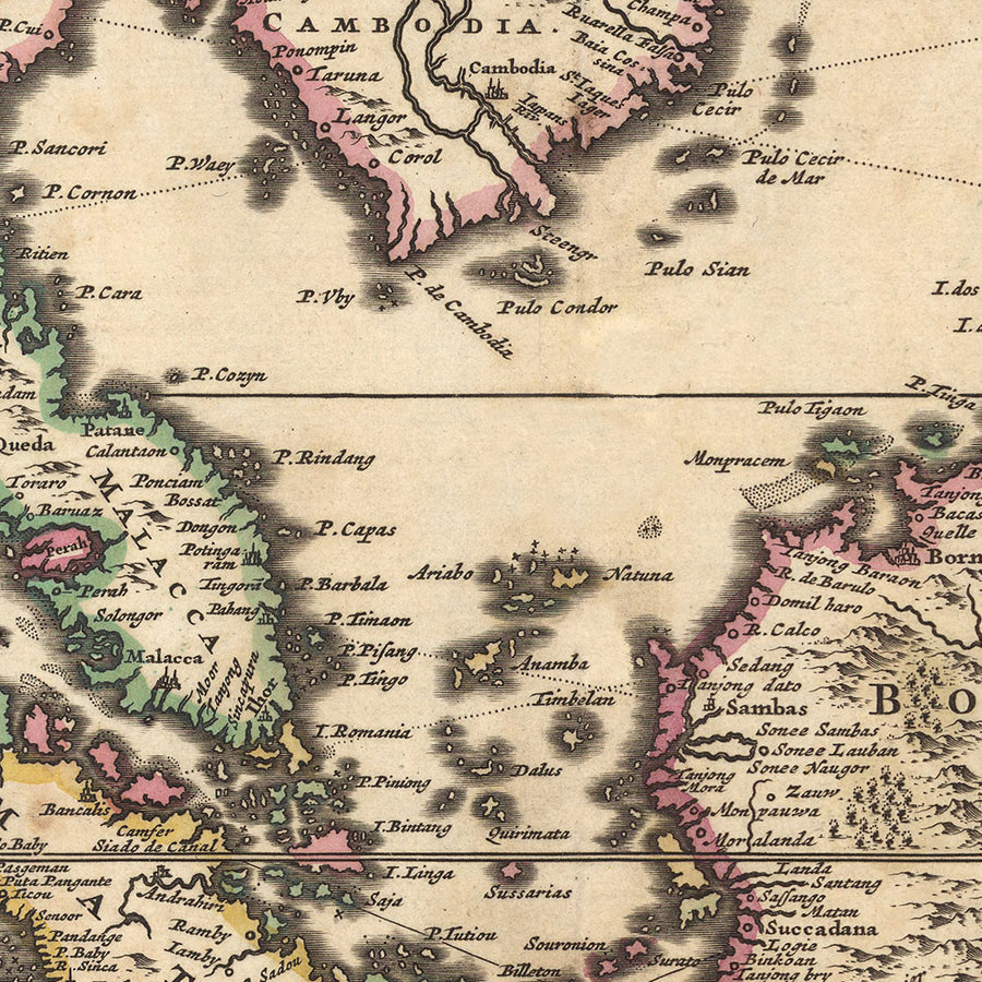 Mappa antica delle Indie orientali di Visscher, 1690: Sud-est asiatico, Sud dell&