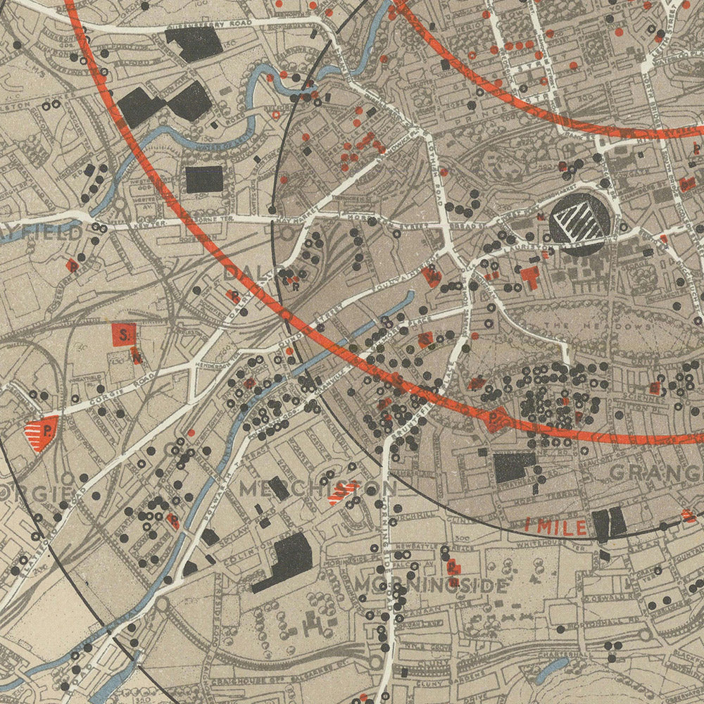 Mapa antiguo de Edimburgo de Abercrombie, 1946: Cramond, Portobello, Leith Walk, Broughton, Heriot's