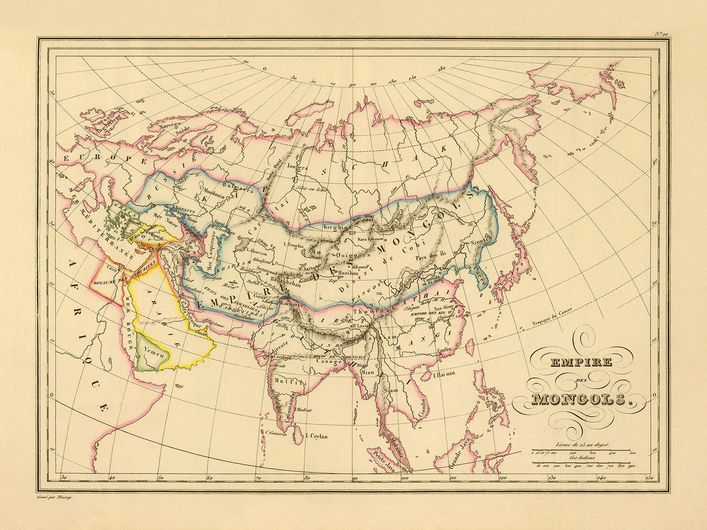 Alte Karte des Mongolischen Reiches von Malte-Brun, 1837: Karakorum, Seidenstraße, Persien, Indien, China