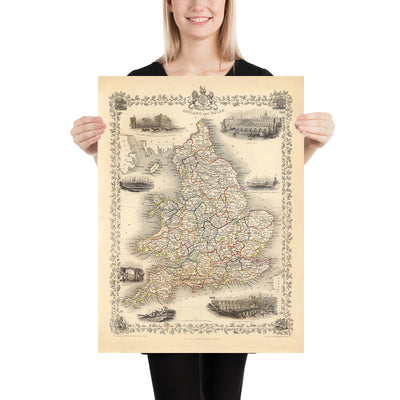 Antiguo mapa de Inglaterra y Gales por Tallis, 1851: Londres, Oxford, Doncaster, Portsmouth, Newcastle