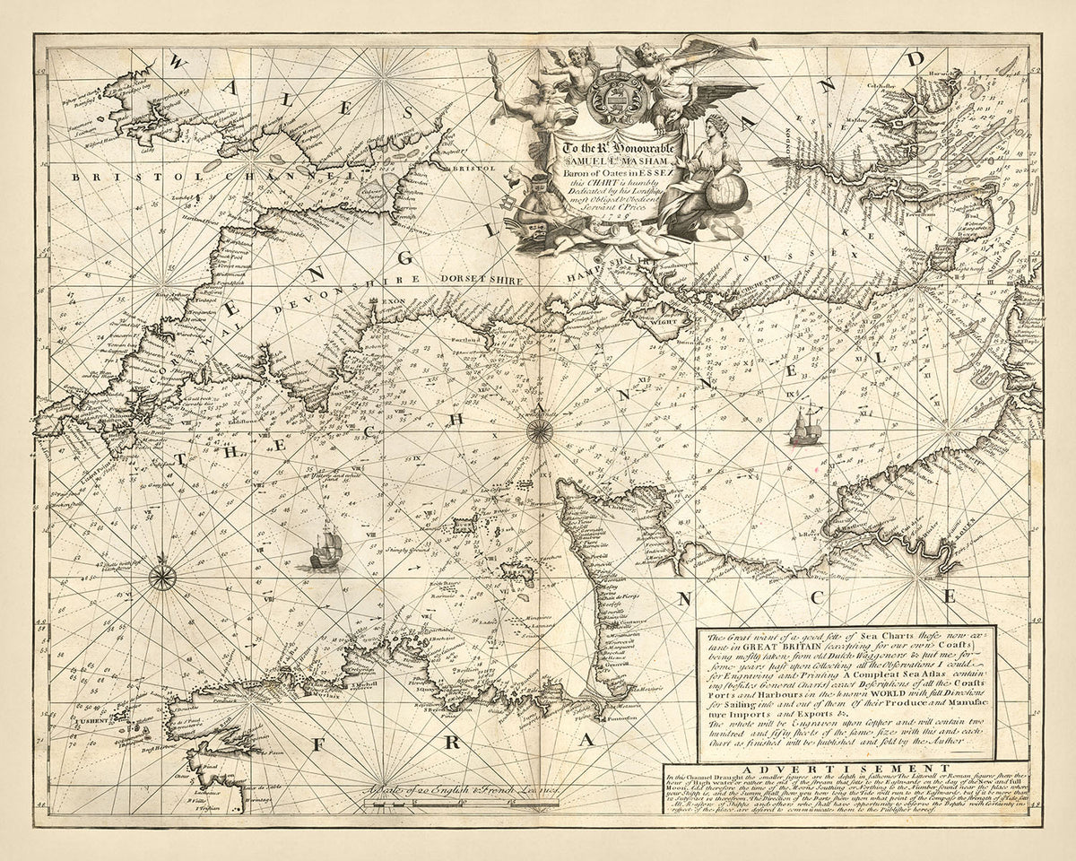 Ancien plan naval de la Manche par Price, 1729 : La Manche, Londres, Bristol, Cherbourg, Saint-Malo 