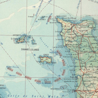 Ancienne carte de la Manche (La Manche), 1967 : Sud de l'Angleterre, Nord-Ouest de la France, routes maritimes, îles anglo-normandes 