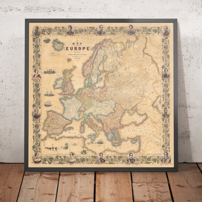 Ancienne carte de l'Europe par Ensign, Bridgman & Fanning, 1855 : portraits historiques en couleur et détaillés
