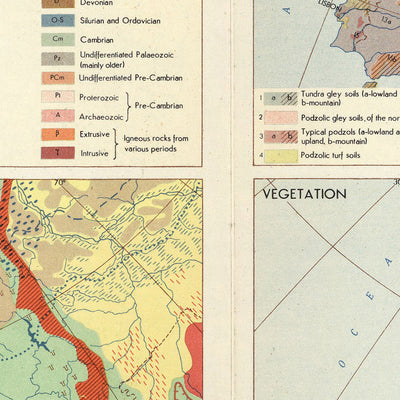 Antiguo mapa infográfico de geología europea, 1967: geología, geomorfología, suelos, vegetación