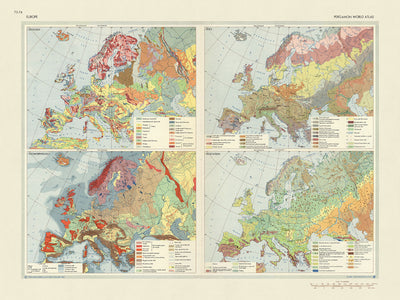 Antiguo mapa infográfico de geología europea, 1967: geología, geomorfología, suelos, vegetación