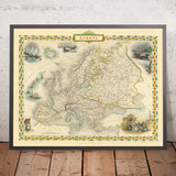 Alte Karte von Europa von John Tallis, 1851: Robbenjagd, Kamele, Sklavenmarkt usw. 