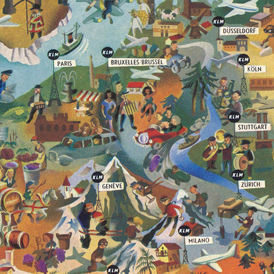 Old Map of Europe by KLM, 1967: Whimsical Illustrations, Cultural Highlights, Airplanes