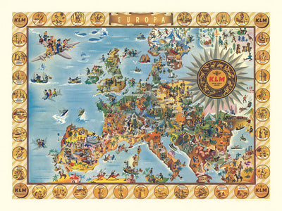 Ancienne carte de l'Europe par KLM, 1967 : illustrations fantaisistes, points forts culturels, bordure décorative